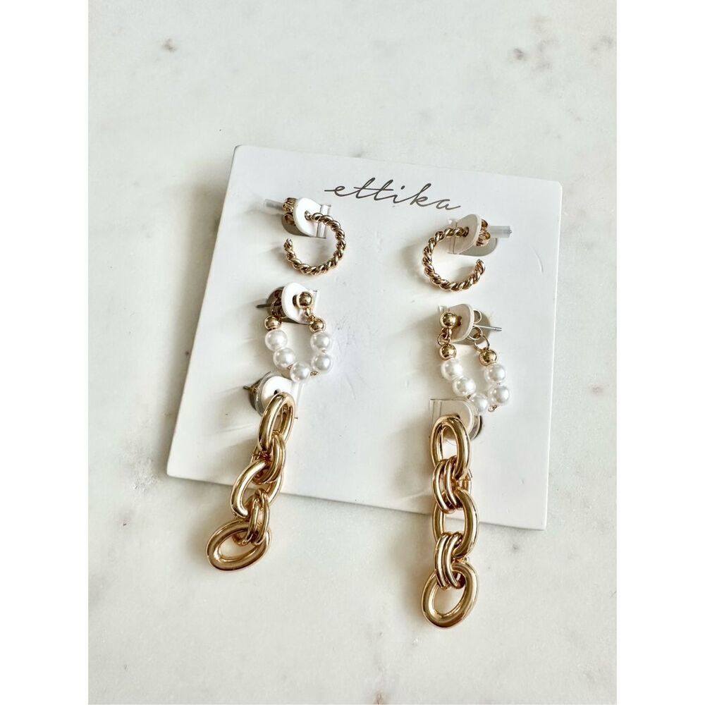 Ettika set of 3 gold color and faux pearl earrings